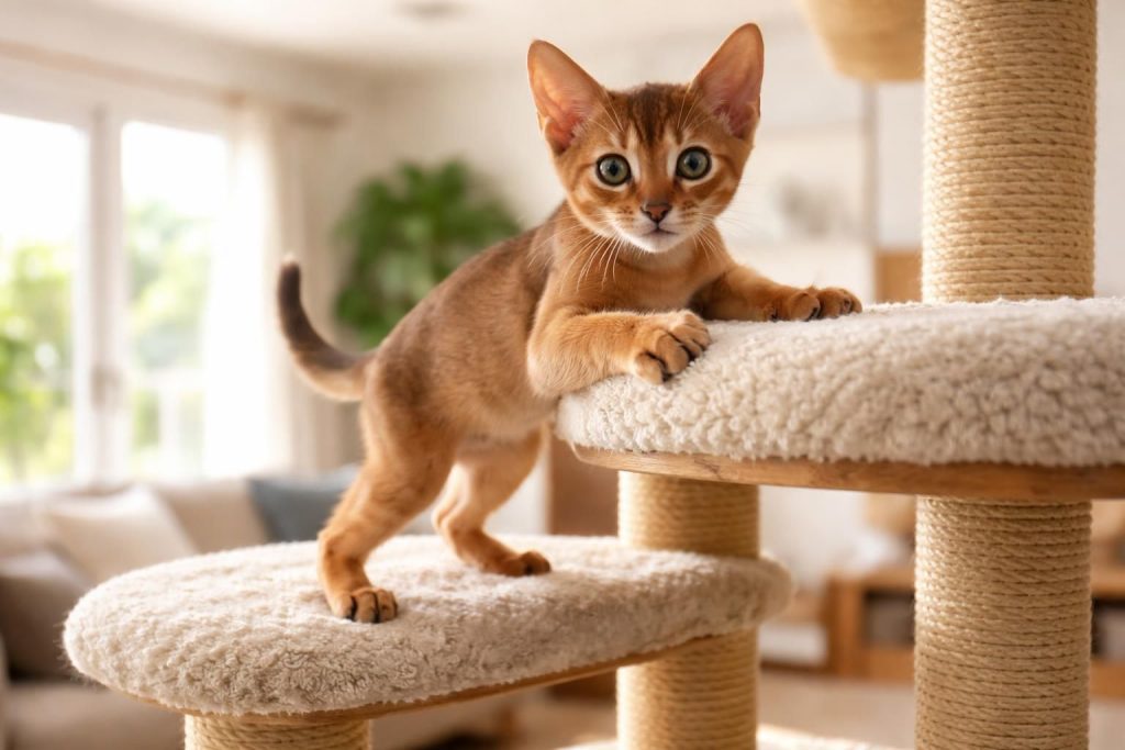 découvrez un adorable chaton abyssin qui s'amuse sur son arbre à chat, combinant douceur et énergie dans un cadre confortable et ludique.
