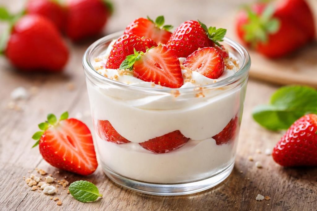 savourez un délice crémeux alliant le fromage de brebis onctueux et la fraîcheur des fraises pour une gourmandise naturellement raffinée.